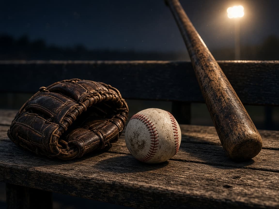 Glove, bat, and baseball on a dugout bench